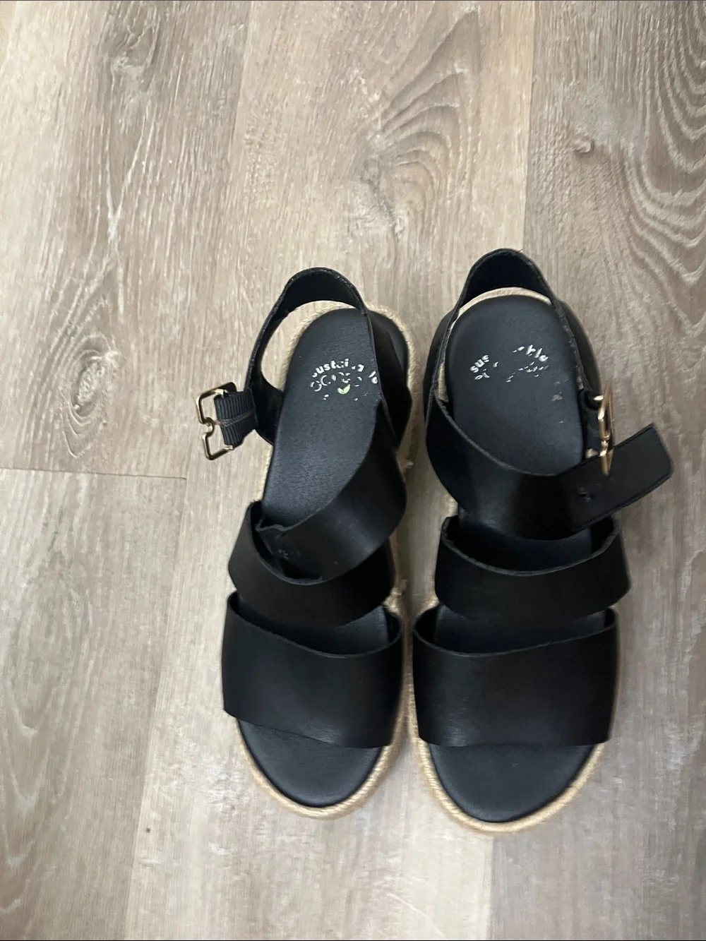 Black Strappy Espadrille Wedge Sandals with Gold Buckles